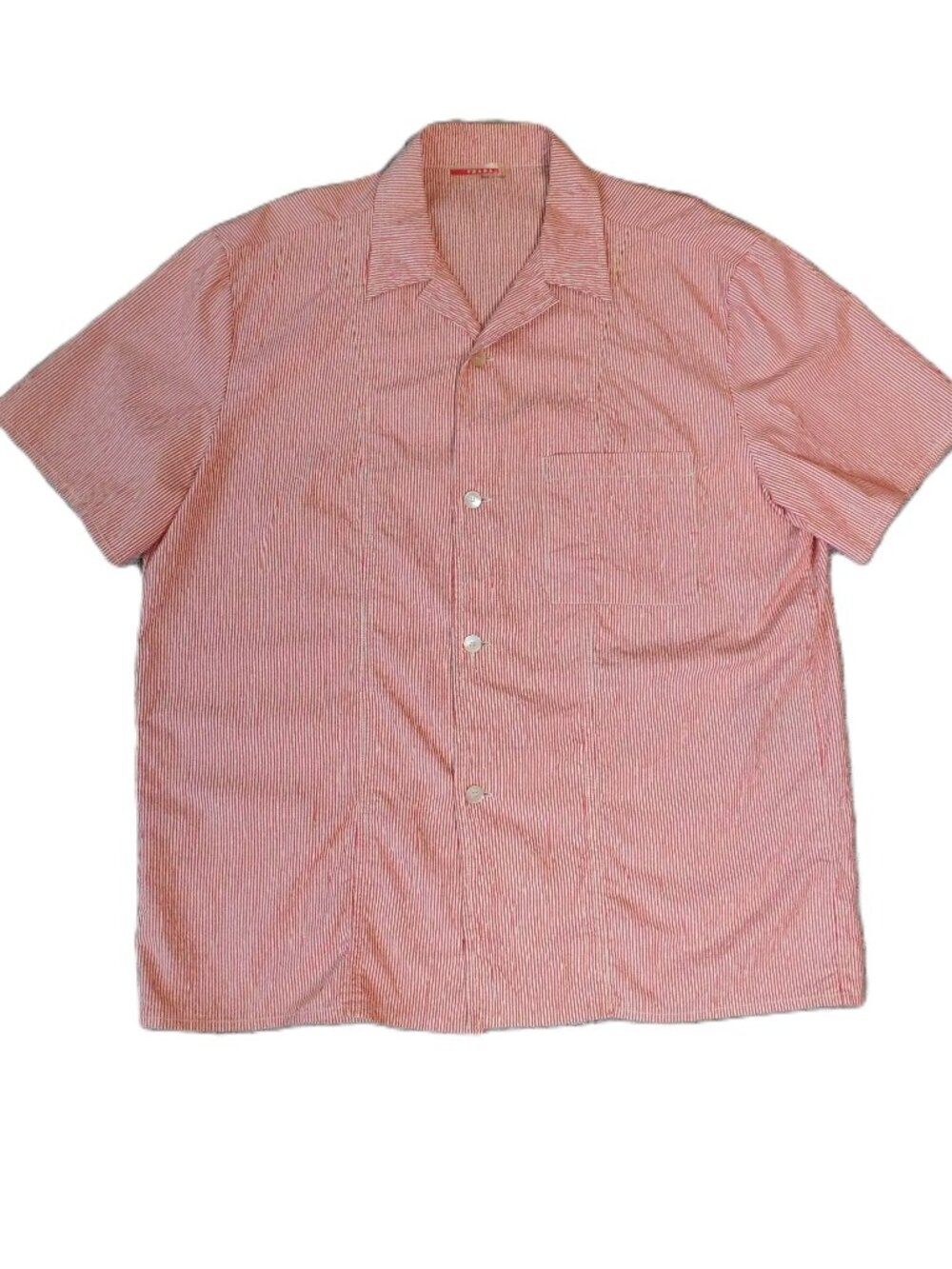 Prada Red & White Seersucker Striped Bowling Shirt | Quiet Luxury | VGUC | Large